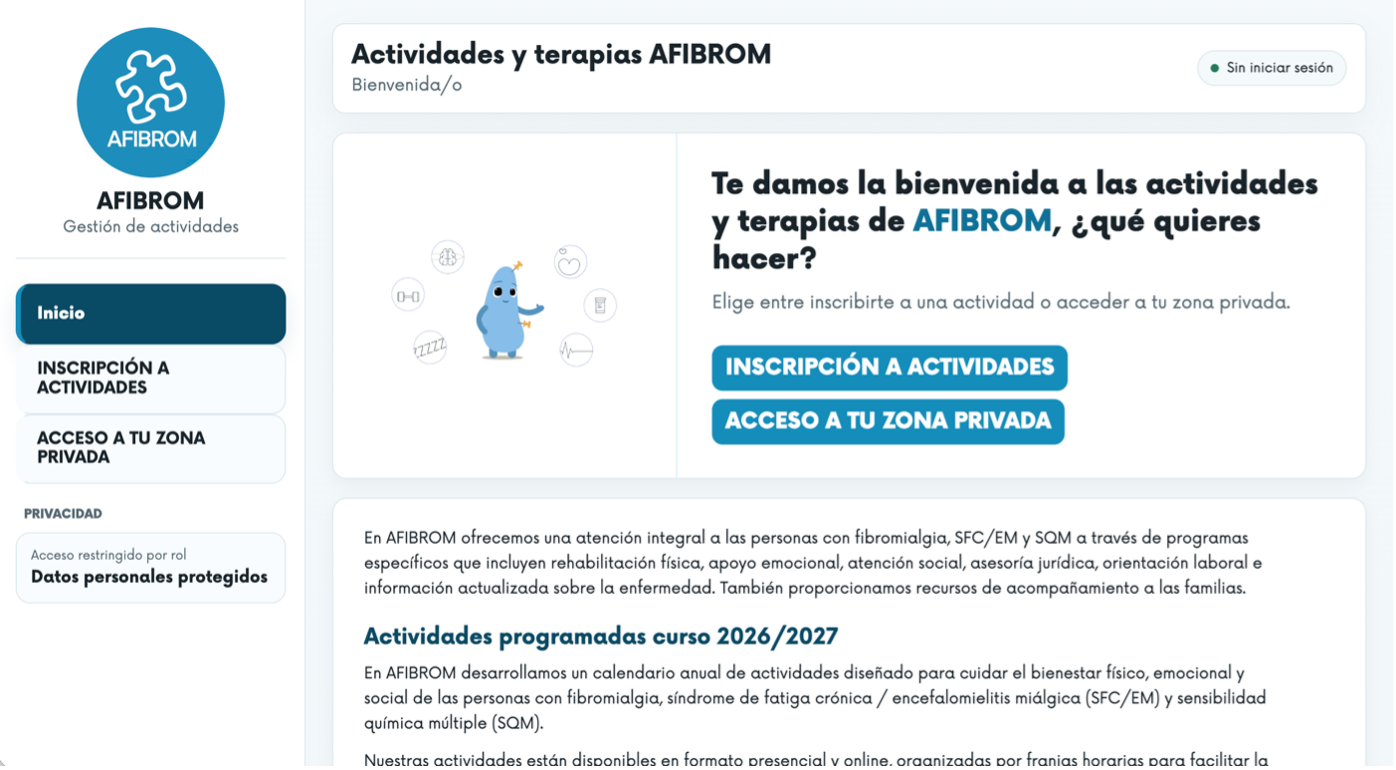 Pantalla de inicio de la aplicación de actividades AFIBROM