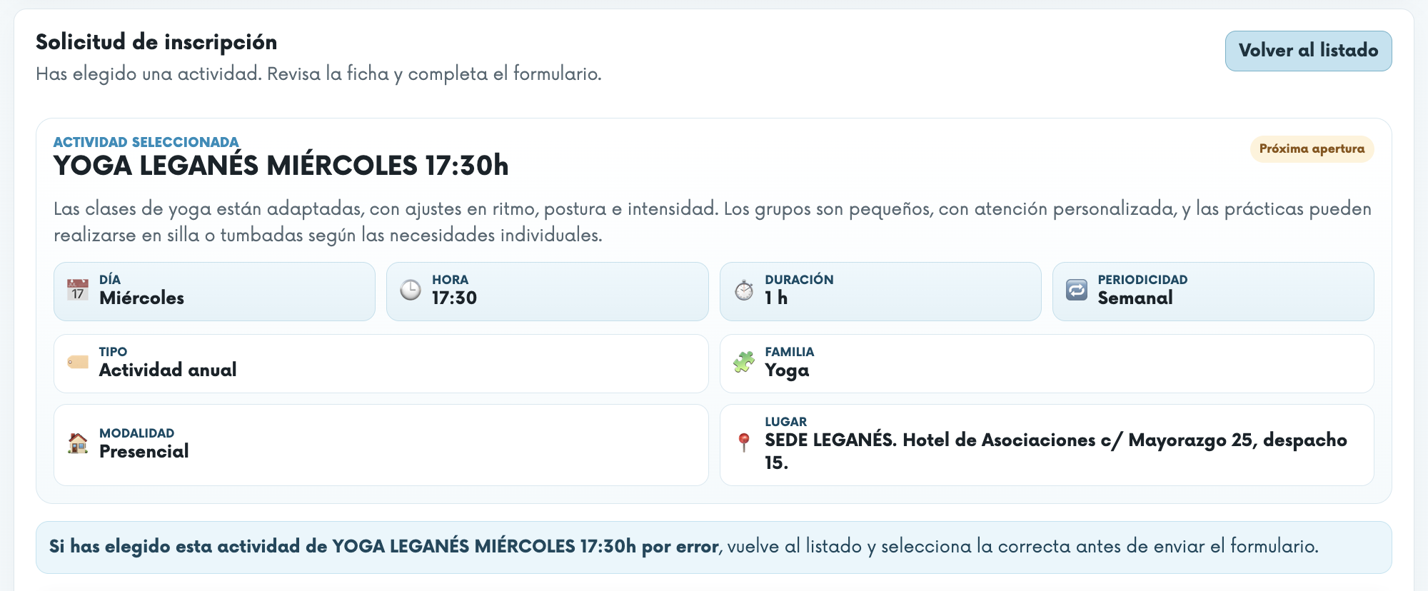 Ficha de una actividad seleccionada antes de inscribirte