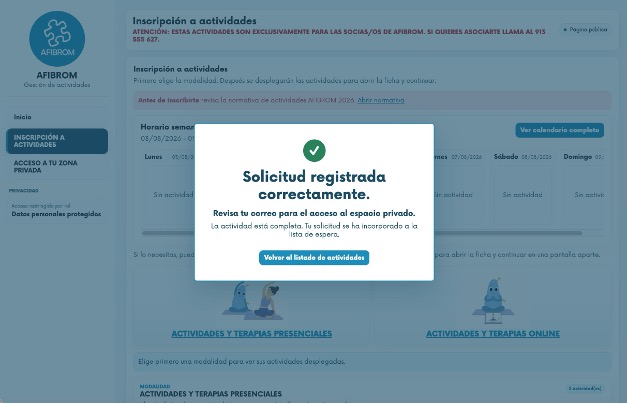 Ventana de confirmación: solicitud registrada correctamente