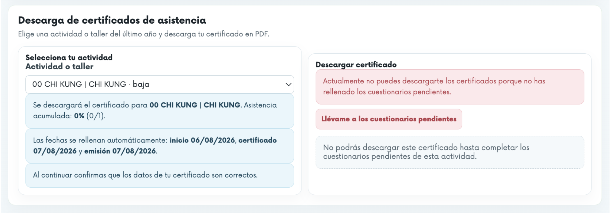 Aviso de cuestionarios pendientes antes de poder descargar el certificado