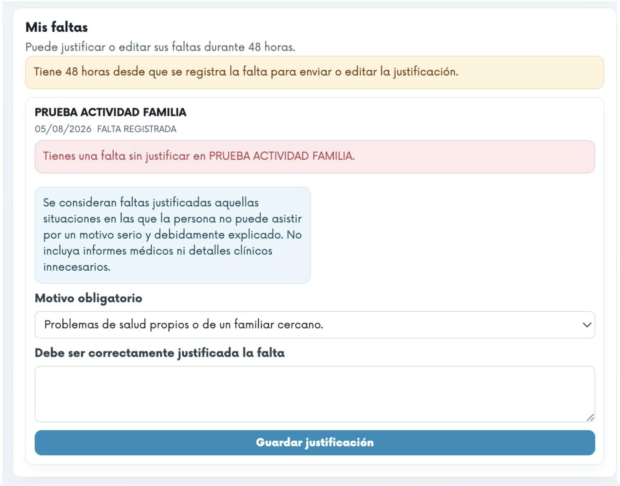 Bloque "Mis faltas" con el formulario de justificación