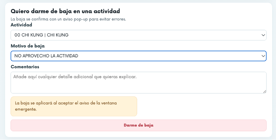 Bloque "Quiero darme de baja en una actividad"